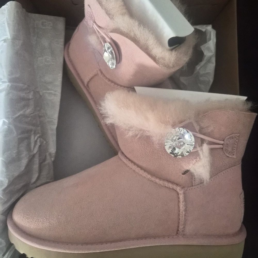UGG Mini Bailey Pink Winter Boots with Crystal Button